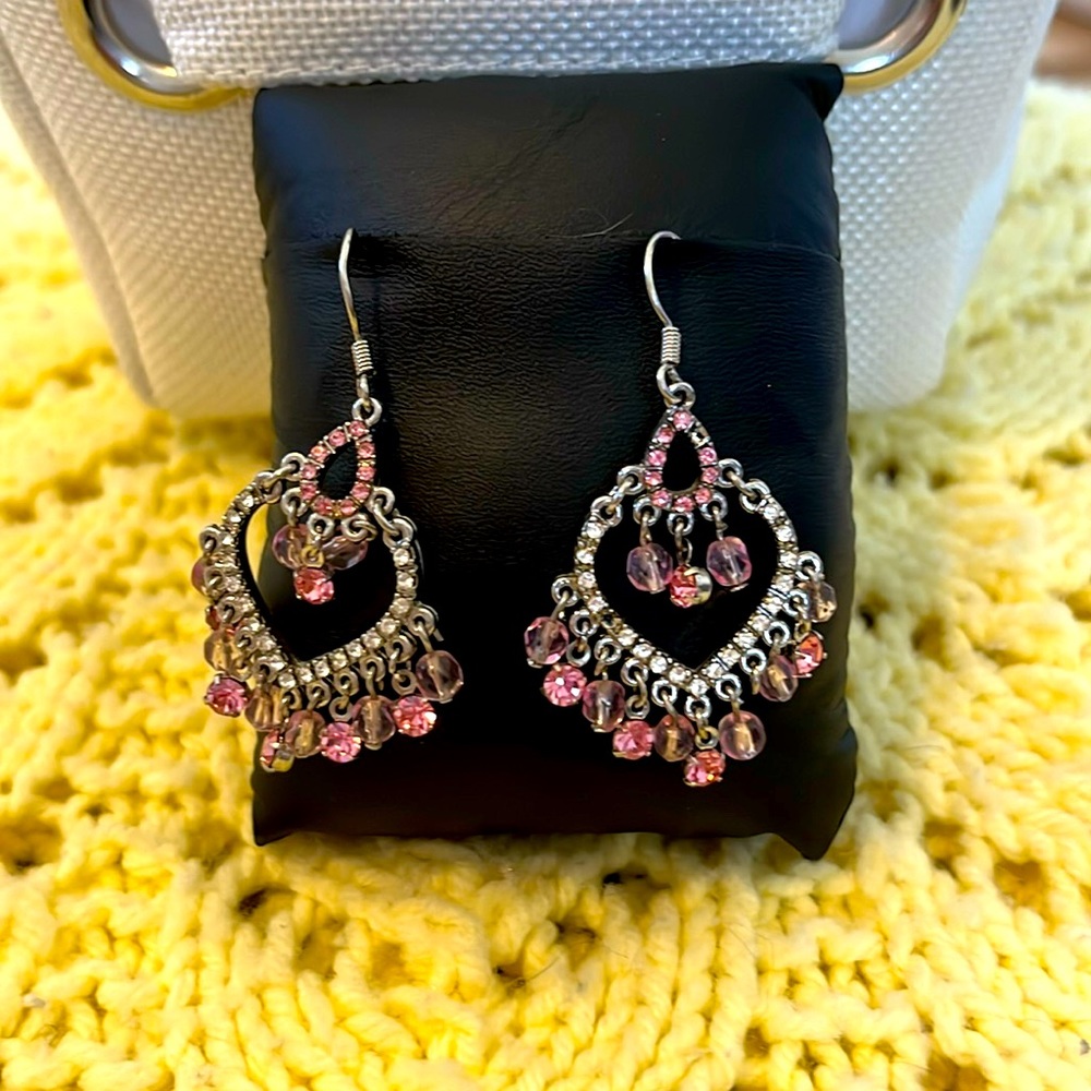 Pink heart shaped dangle earrings